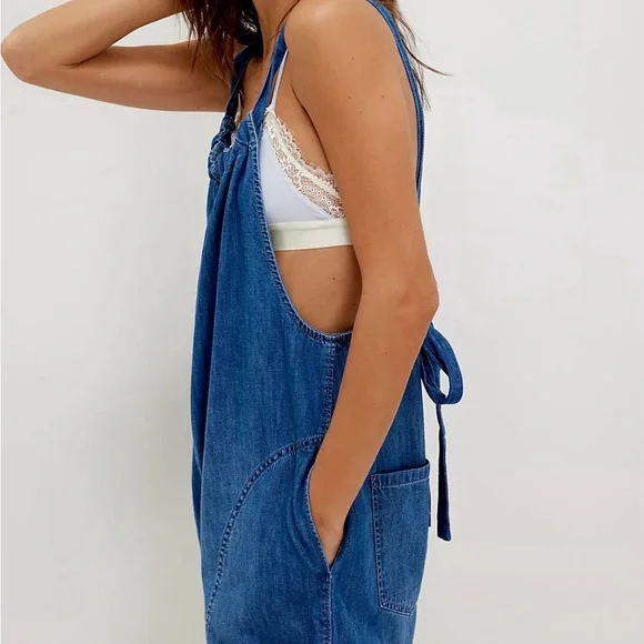 We The Free Freebird Shortalls Blue Denim Overall Romper - Picture 3 of 5